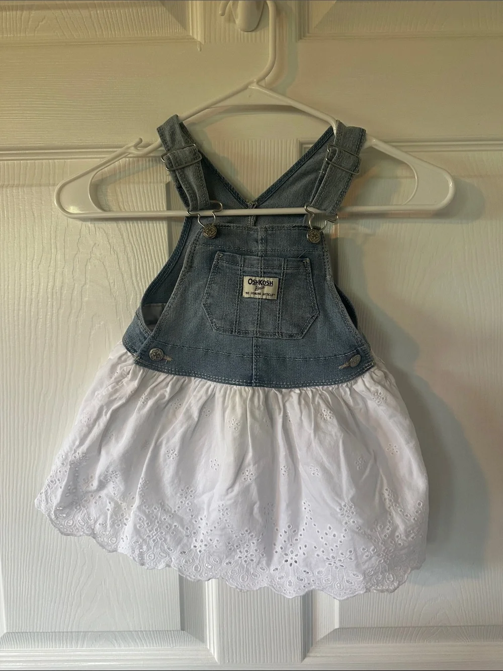 OshKosh B'gosh Blue Denim Overall Dress with White Eyelet Skirt